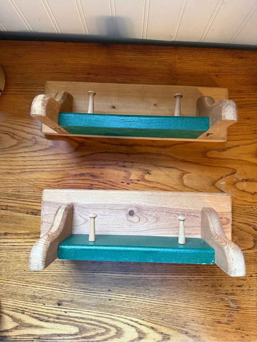 Wooden Green Wall Shelves Two Pegs